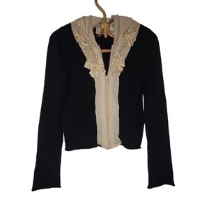 Anthropologie Field of flowers black creme beaded floral zip up sweater